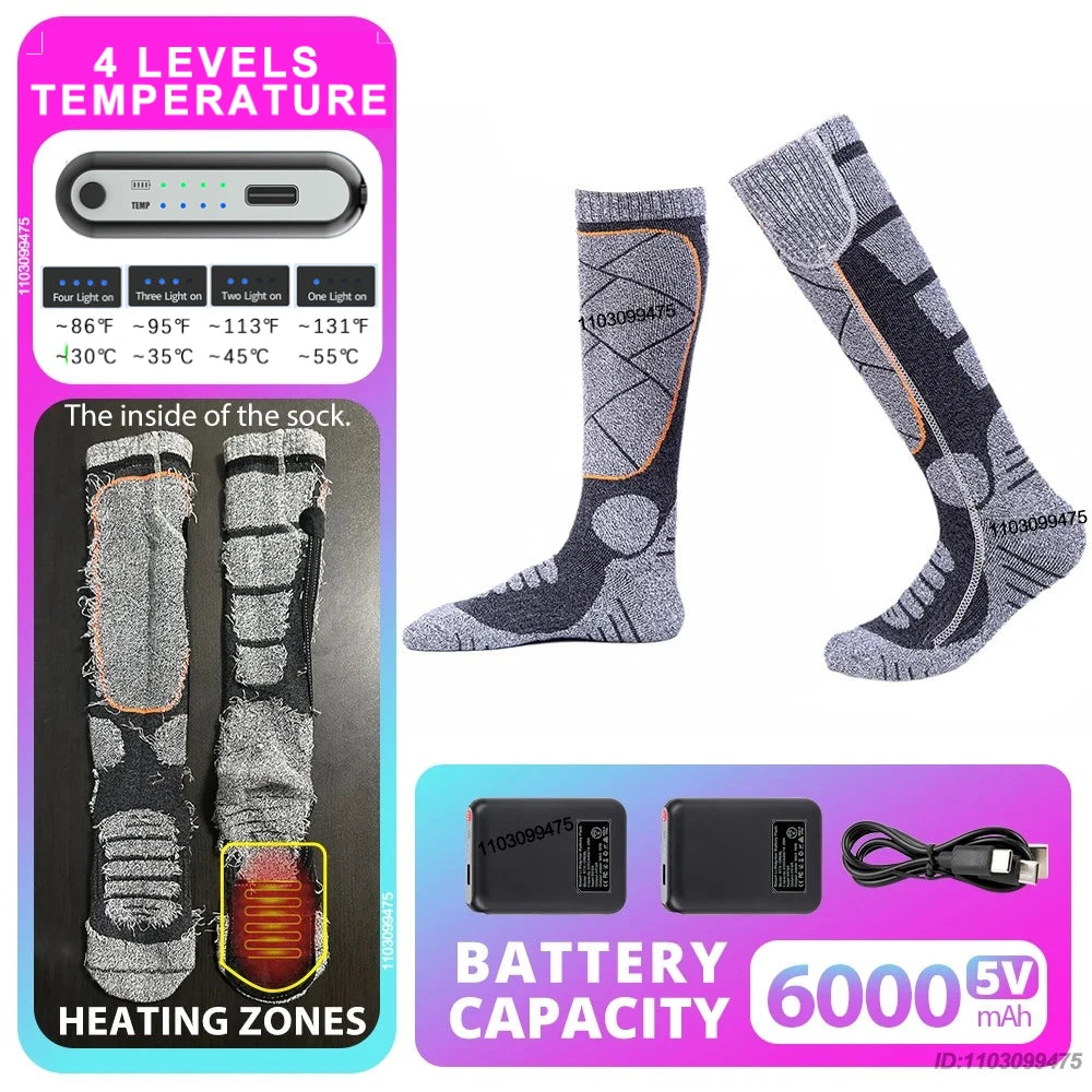 New Heated Socks Rechargeable 6000mah Electric Heated Skiing Socks Snowboarding Outdoor Sports Foot Warmer Winter Thermal Socks