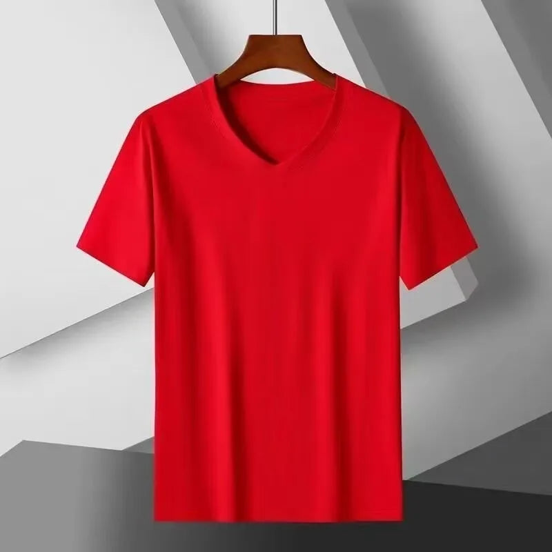 2025 men's short sleeved T-shirt loose and breathable plus size T-shirt top summer thin solid color V-neck home clothing base s