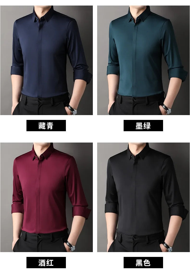 High end Mulberry Silk Dress Shirts Business Men Wrinkle Resistant Button Invisible Elastic Tops Luxurious Male Quality Clothing