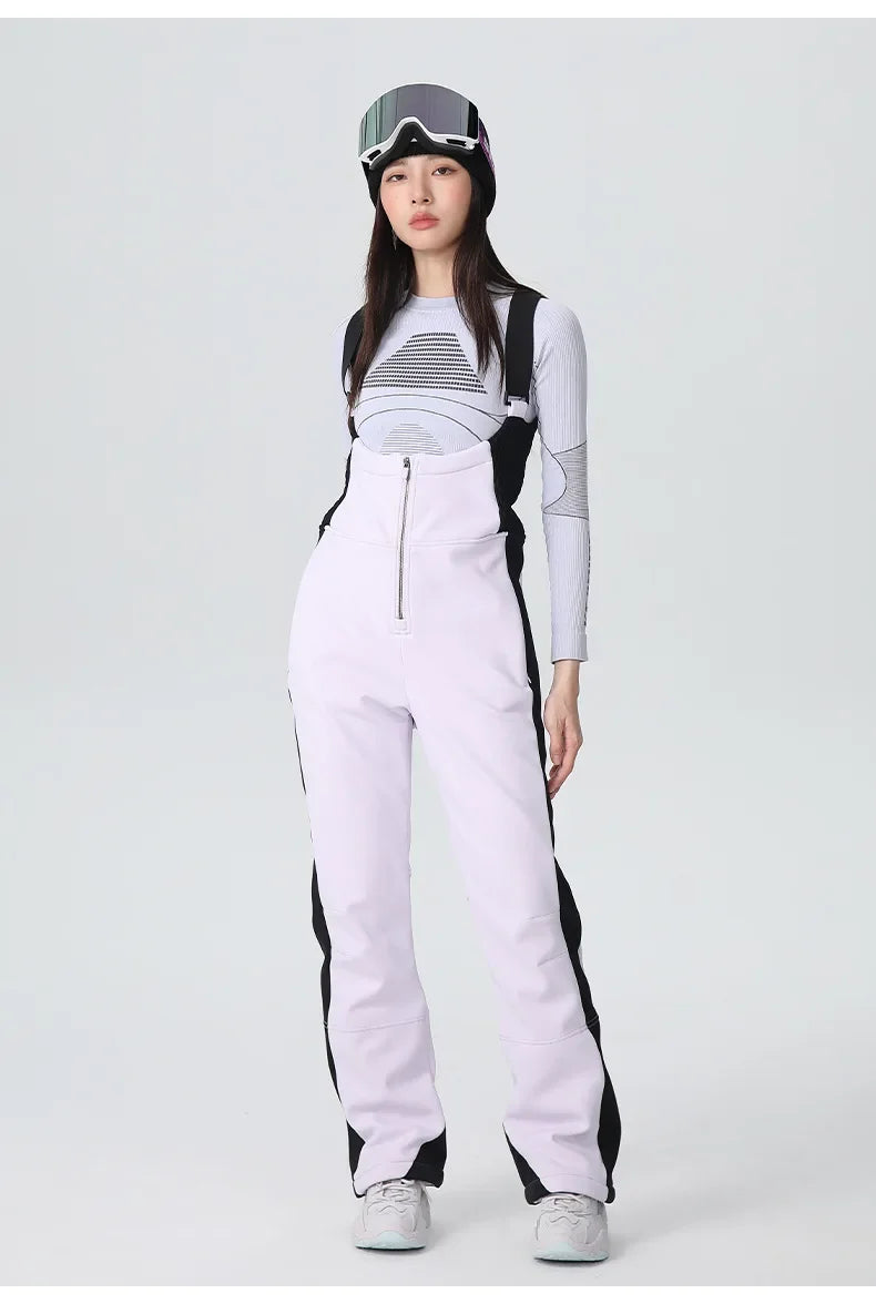 25-26 New Women's Ski Bibi Pants Waterproof Windproof Stretchy Anti-wear Solid Zipper Slim Resilient Outdoor Warm in Winter