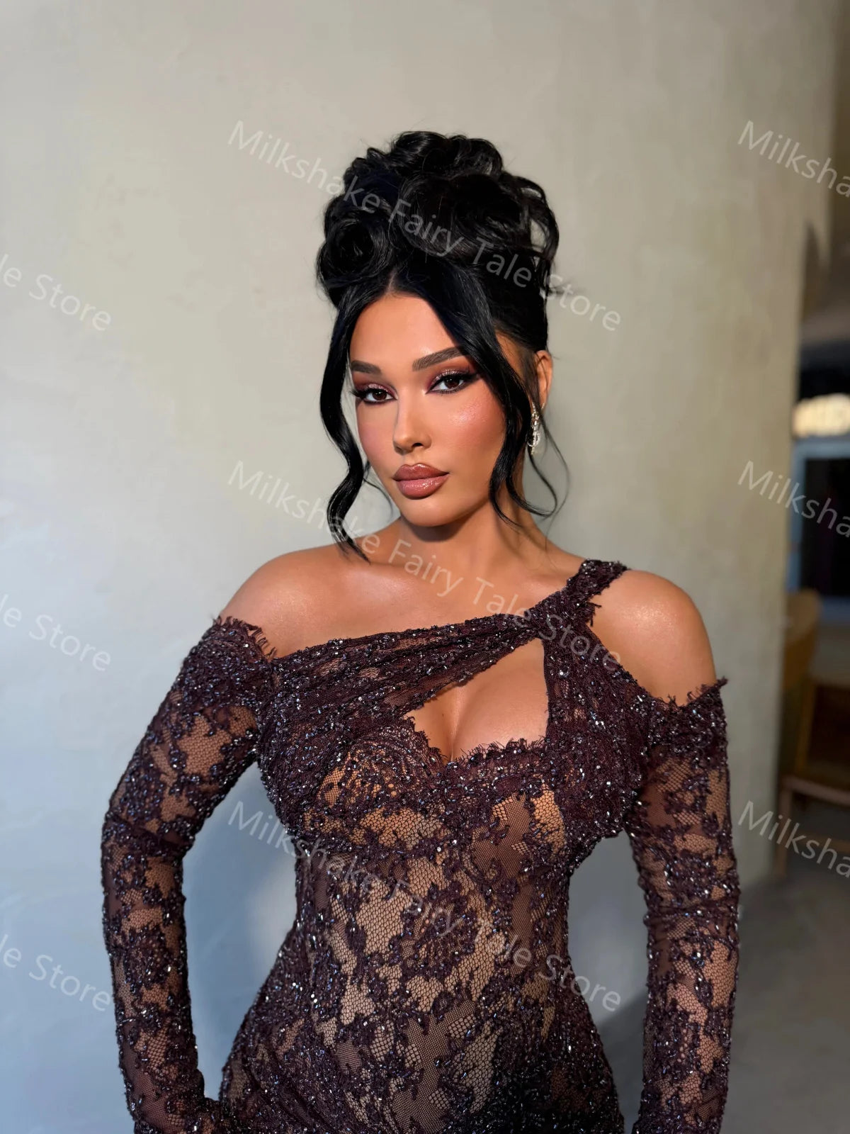 Glamorous Black Women Evening Dresses Lace Long Sleeves Prom Gowns Arabic Floor Length Customized Dubai Wedding Guest Gowns