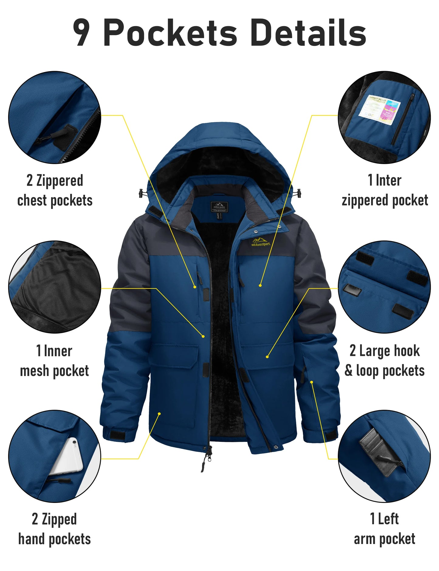 TACVASEN Winter Heavyweight Coats Mens Ski Snow Waterproof Jackets Fleece Warm Snowboard Hooded Jacket Parka Raincoats 9 Pockets