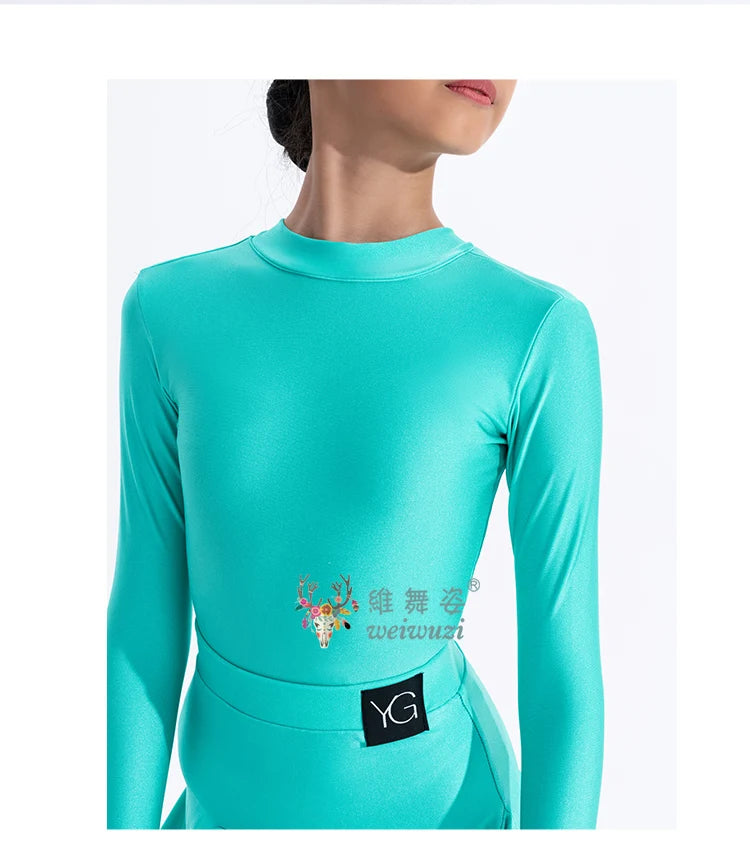 Girls Latin Dance Competition Clothing Glossy Fabric Long Sleeves Dance Dress Kids Cha Rumba Dance Practice Training Wear