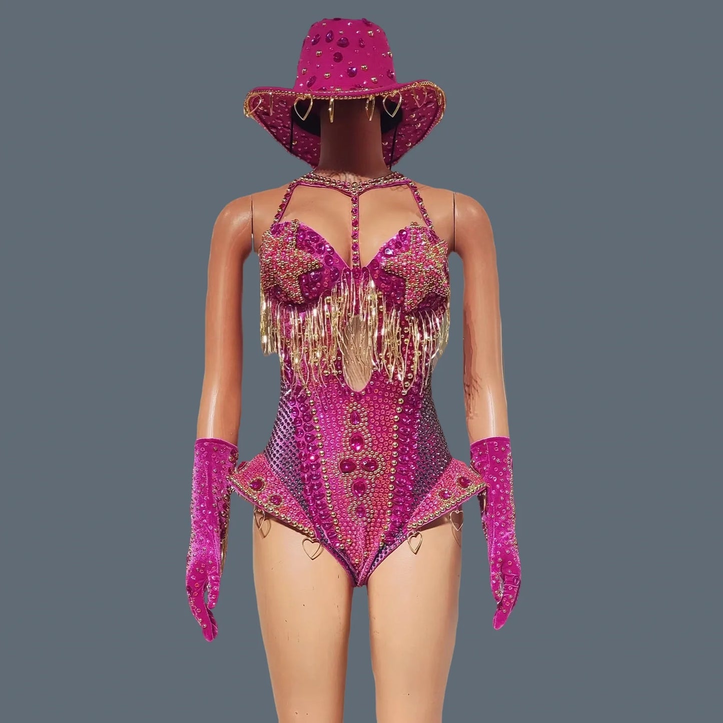 Women Sparkly Rhinestone Bodysuit 4Pieces Set Night Party Cowboy Show Outfit Cabaret Carnival Showgirl Sexy Jumpsuit Hongding