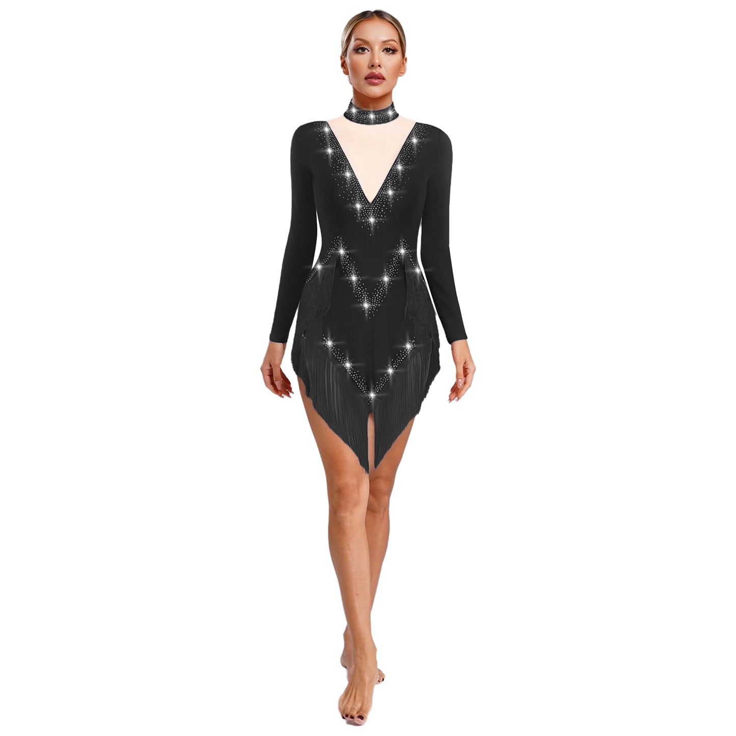 Womens Tassel Latin Tango Samba Dance Dresses Stage Performance Costume Long Sleeve Irregular Hem Shiny Rhinestones Dance Dress
