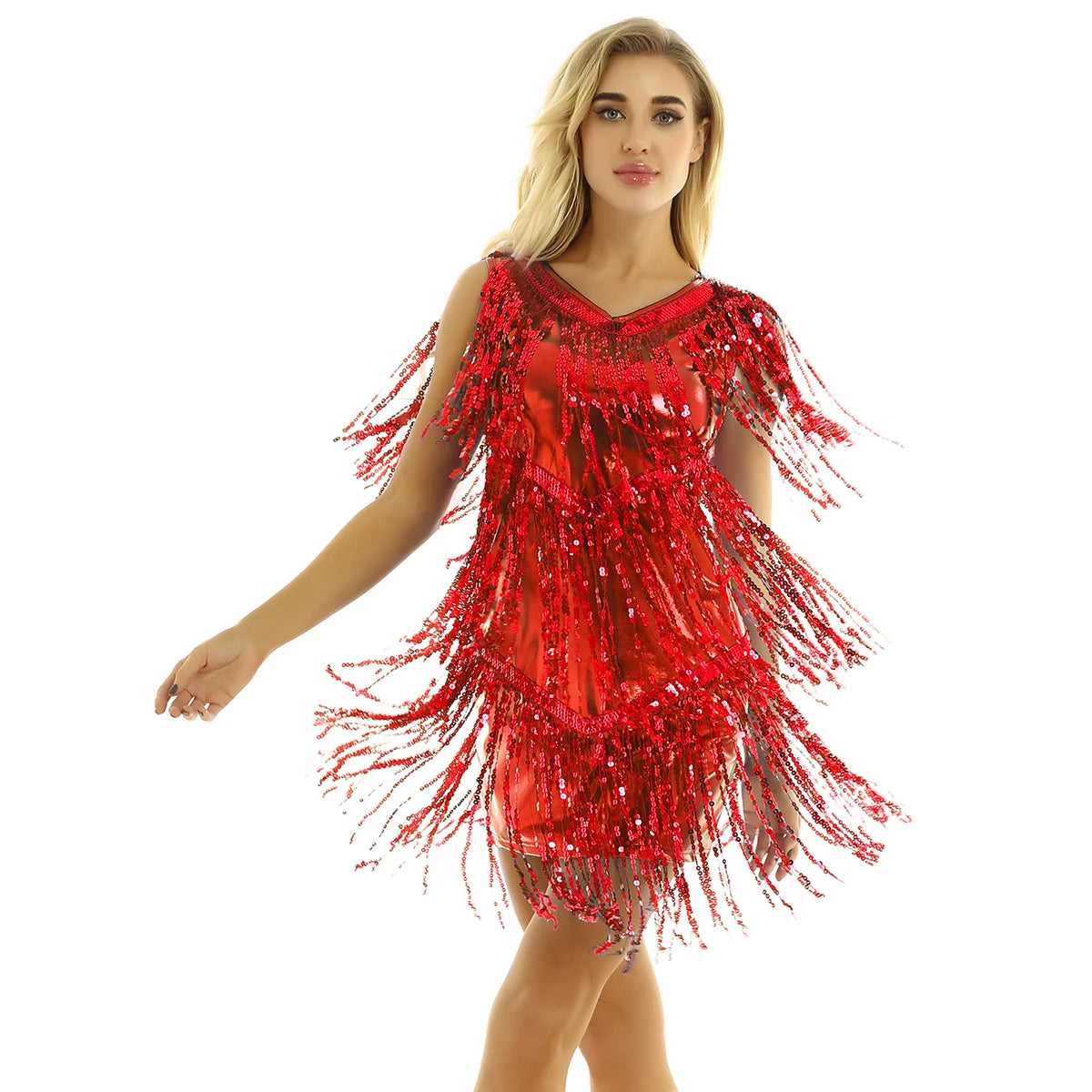 Women Latin Dress Shiny Sequin Sleeveless Tassels Fringed Dress Tango Samba Rumba Ballroom Salsa Jazz Dance Performance Costume