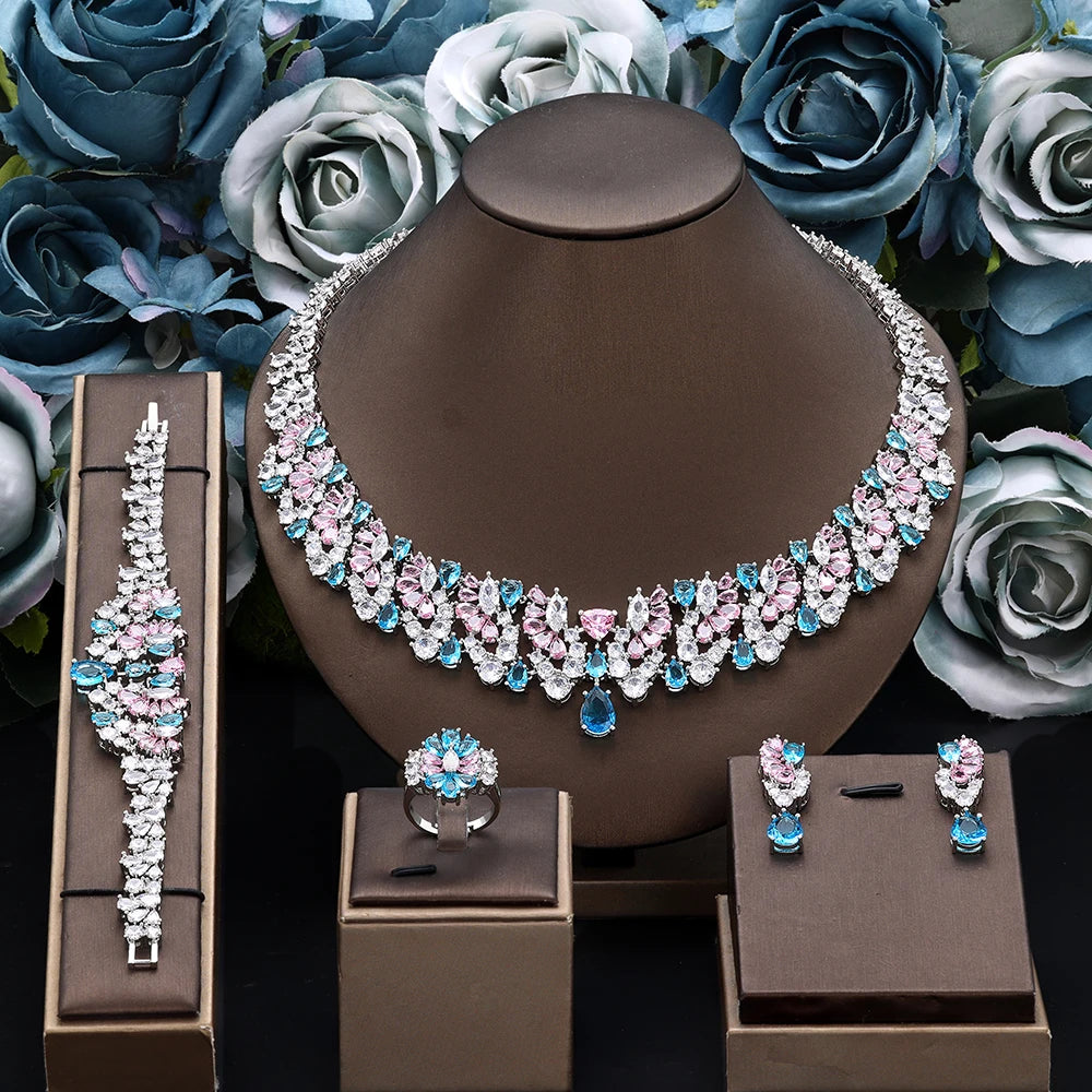 Luxury 4 Pieces Necklace Earrings Set Big Colorful CZ Zircon Wedding Bridal Jewelry Set Dubai Women Gift