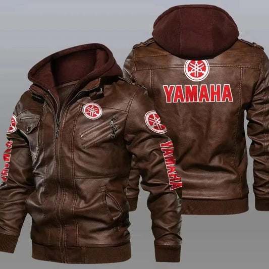 Yamaha printed windproof black leather jacket, brown leather jacket, racing suit, artificial leather jacket, hooded