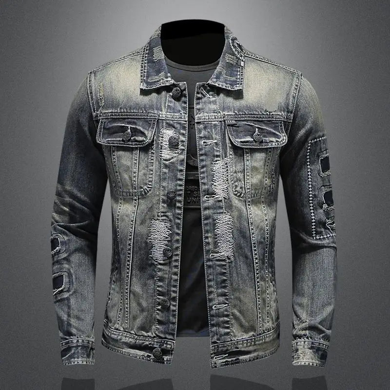 2025 Men's Autumn Winter Brand Casual Cotton Jacket with American Retro Motorcycle Embroidered Street Fashion Grey Jeans Coat