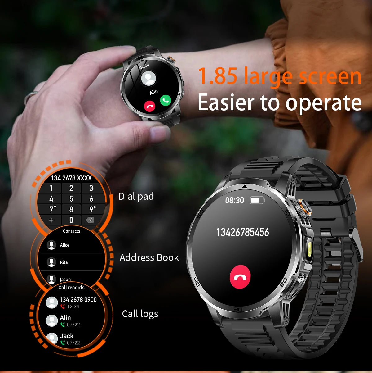 Fanwear men's smart watch SOS distress light +LED flashlight dual light mode 1000 mAh battery GPS trajectory 1.85 inch AMOLED