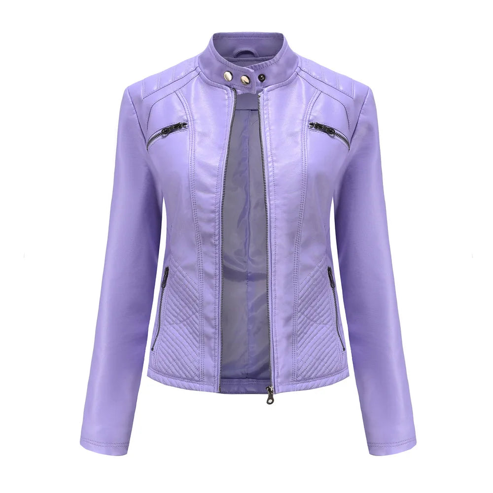 2026 New Lavender Purple Women's Long Sleeve PU Jacket, Fashion Motorcycle Leather Jackets, Red Coat, Black Outerwear.