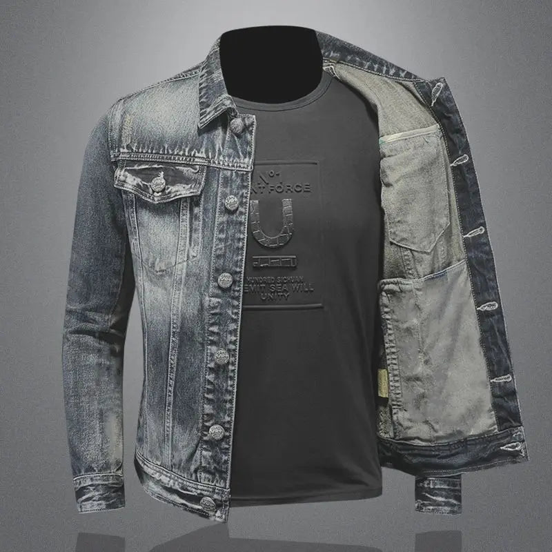 2025 Men's Autumn Winter Brand Casual Cotton Jacket with American Retro Motorcycle Embroidered Street Fashion Grey Jeans Coat