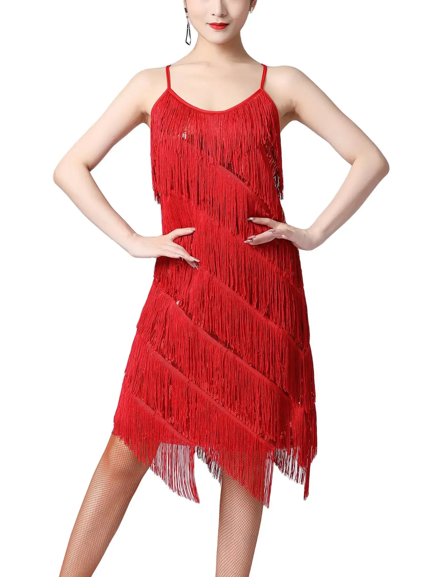 Women Salsa Latin Dance Dress Sequin Tassel Fringe Flapper Dress 1920s Gatsby Cocktail Dress Tango Ballroom Dancing Costume