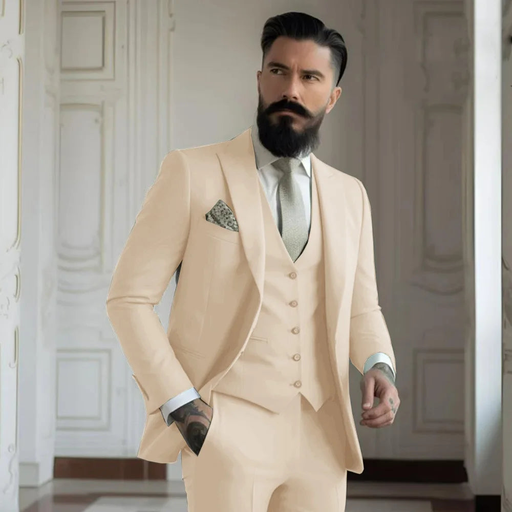 Champagne mens Tuxedo Wedding Suits For Men Bespoke Groom Wear Formal Fashion Men Suit Prom Party Blazer+Pants+Vest