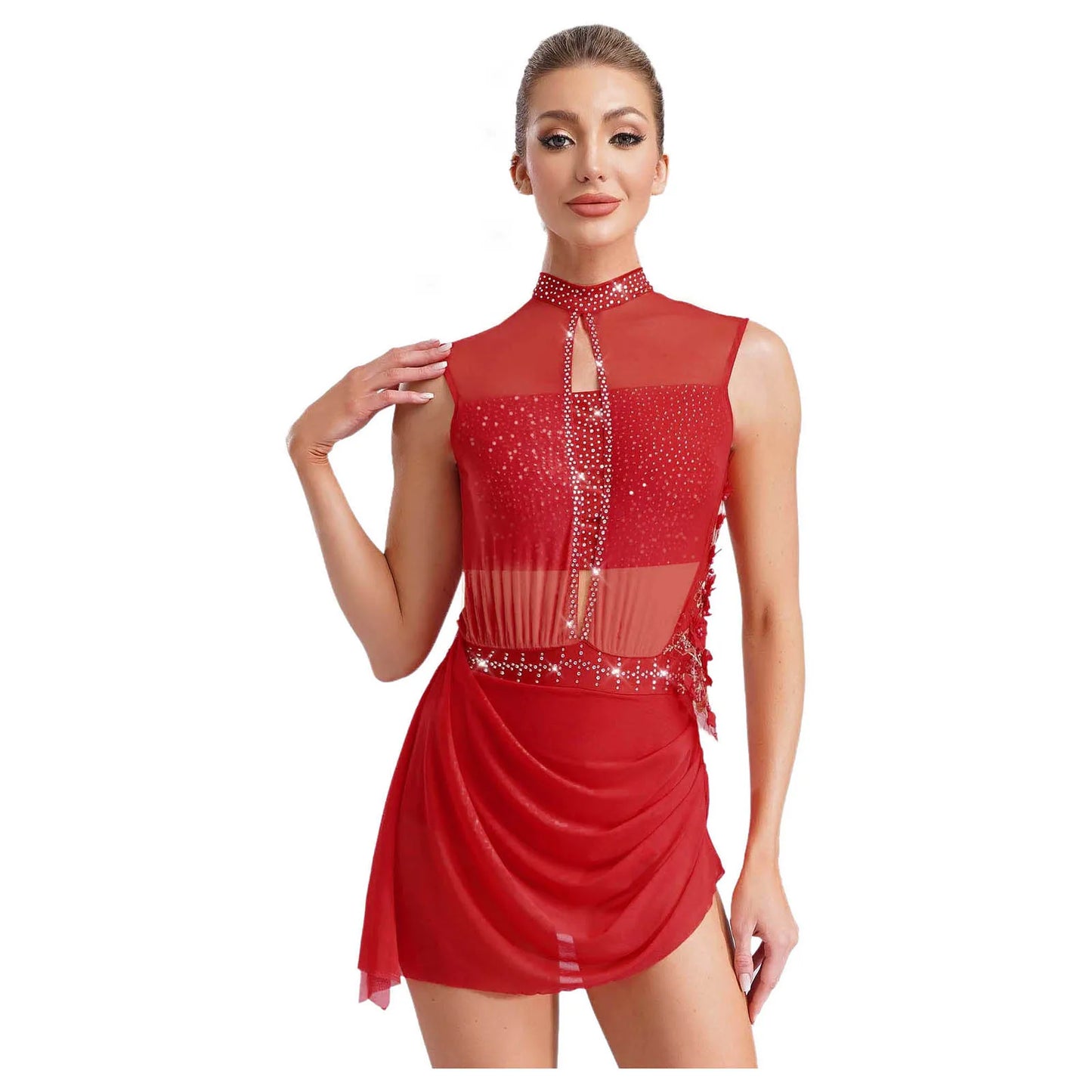 Women Lyrical Dance Dress Ballet Figure Skating Gymnastics Stage Performance Costume Sleeveless Rhinestones Applique Leotards