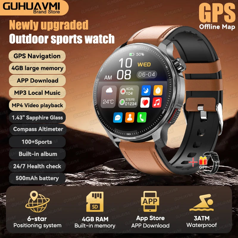 Newly T-Rex3 Ultra 4GB Memory GPS Sports Smart Watch Offline Map 1.43" AMOLED Display 3ATM Flash Charge Fitness Call Smartwatchs
