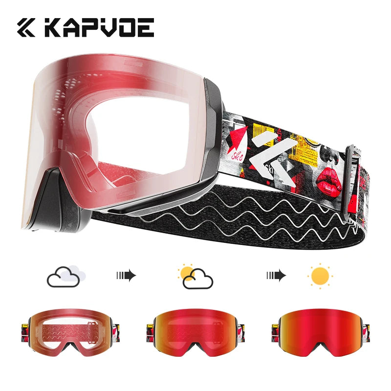 Kapvoe Photochromic Ski Goggles Magnetic Anti-Fog Lenses UV400 Protection Men Women Ski Goggles Snow Sunglasses Sports Eyewear