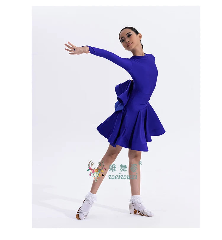 Girls Latin Dance Competition Clothing Glossy Fabric Long Sleeves Dance Dress Kids Cha Rumba Dance Practice Training Wear