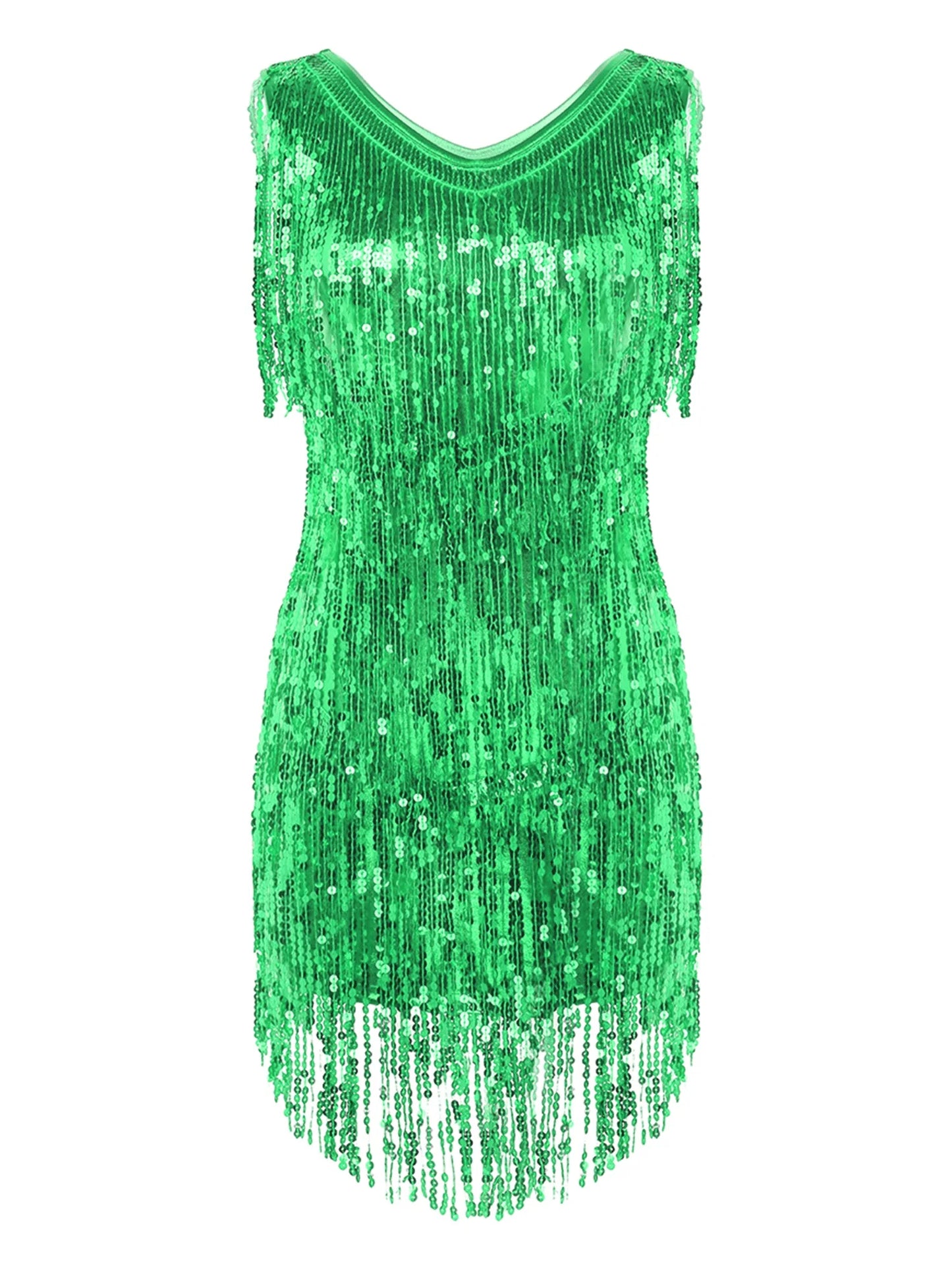 Women Latin Dress Shiny Sequin Sleeveless Tassels Fringed Dress Tango Samba Rumba Ballroom Salsa Jazz Dance Performance Costume