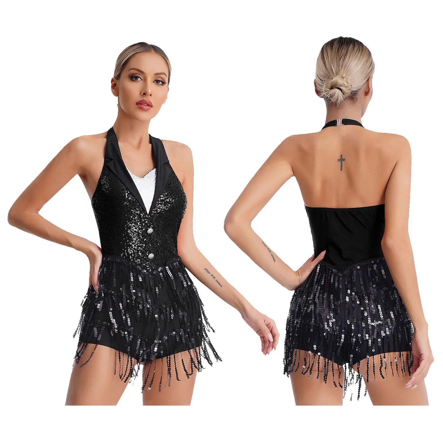 Women Modern Dance Dress Performance Costume Shiny Sequins Sleeveless Latin Jazz Tango Salsa Dance Leotard Bodysuit Dress Outfit