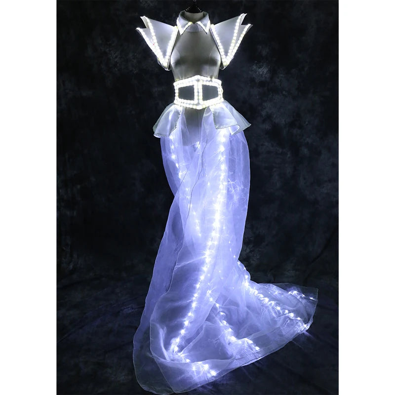 Led Light Up Performance Clothing Bar Female Dj Dance Ds Stage Luminous Waistcoat Dress Fancy Wedding Sets Nightclub Rave Outfit
