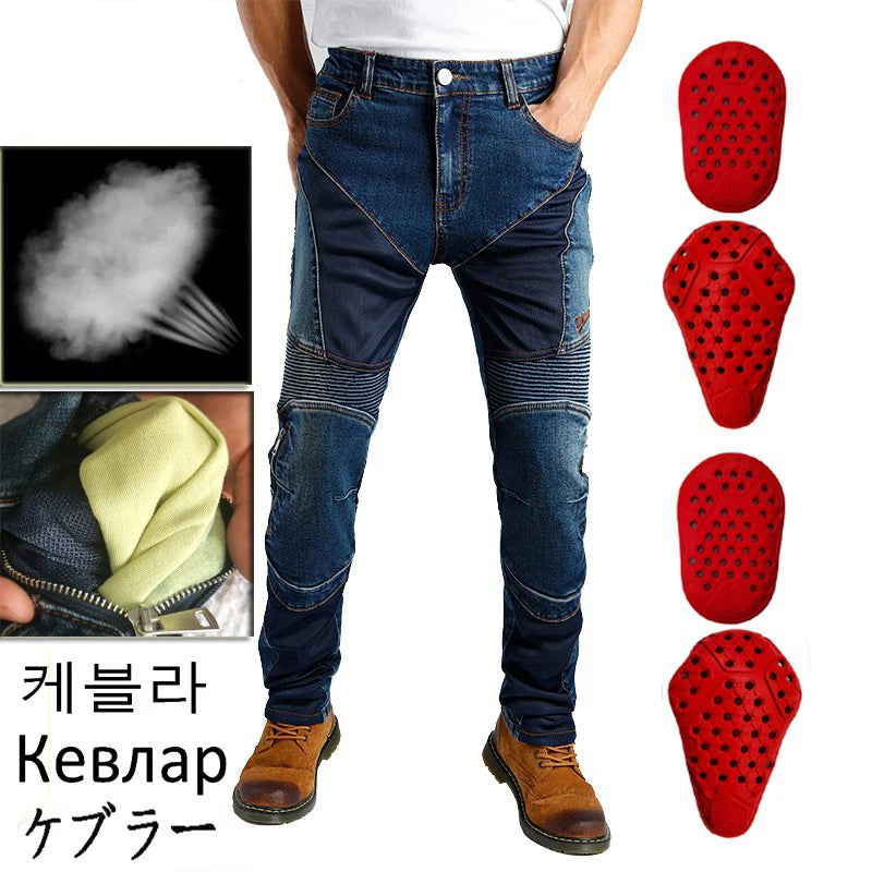 Men Summer Motorcycle Jeans Blue Mesh Protective Riding Pants Black Motocross Gear Motorbike Trousers