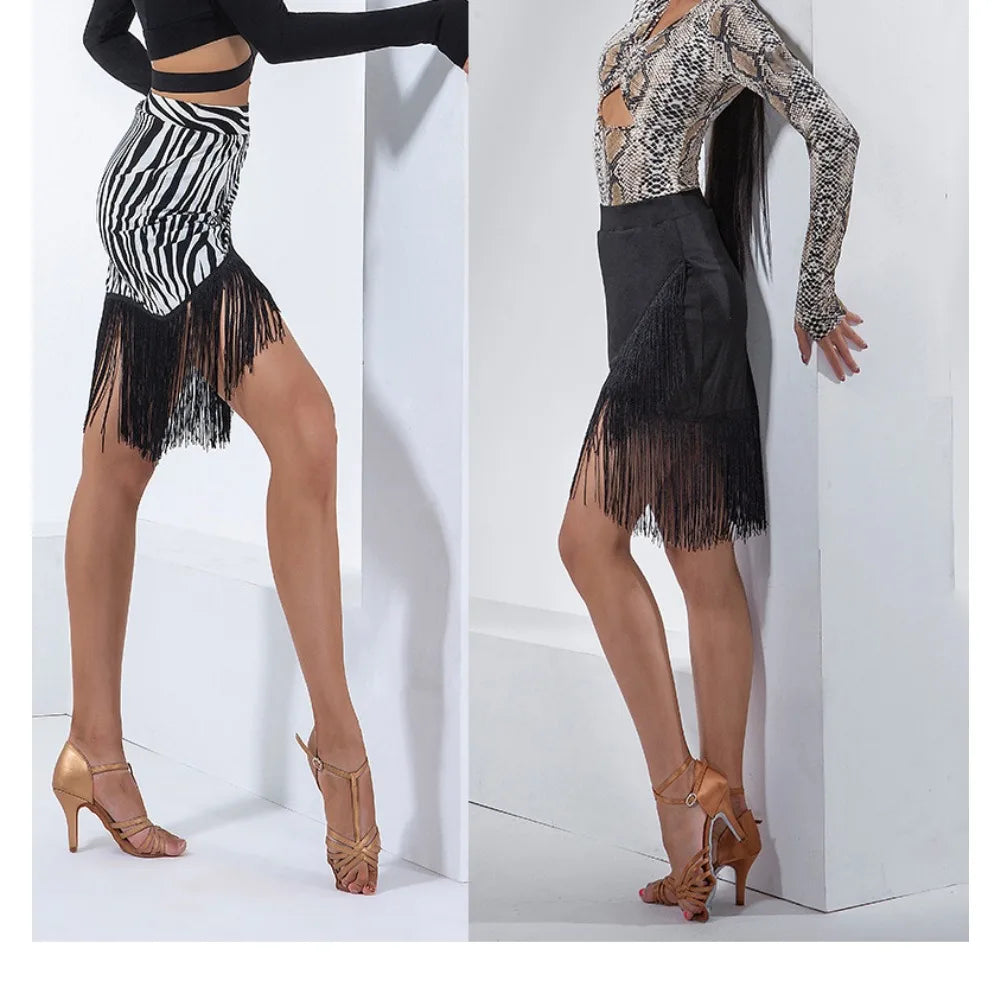 Women Latin Dance Skirt Asymmetrical Cross Hem Fringe Short Skirt Salsa Practice Performance