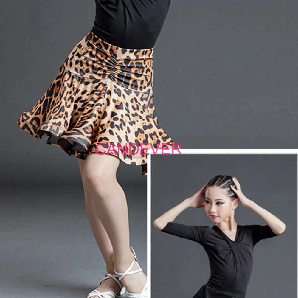 sexy Latin Dance Costume For Girls Ballroom Salsa Tango top Skirts Kids Child lace Leopard Latin Dance Split Dress Leotard Skirt