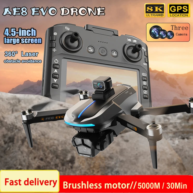 AE8 EVO GPS Drone 4K Professional HD Dual Camera With Screen 5G WIFI 360°Obstacle Avoidance Brushless Rc Quadcopter FPV Drones