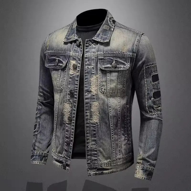 Spring  Autumn New Fashion Trend Ripped Vintage Jeans Jacket Men's Casual Loose Comfortable High Quality Denim Coat
