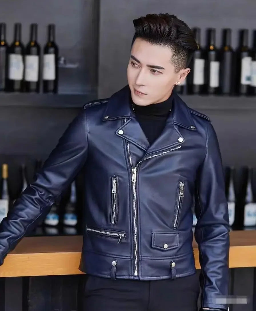Men's Slim Fit PU Leather Jacket Fashionable Motorcycle Style Spring Autumn Korean Version Casual Outerwear Male Biker Coat