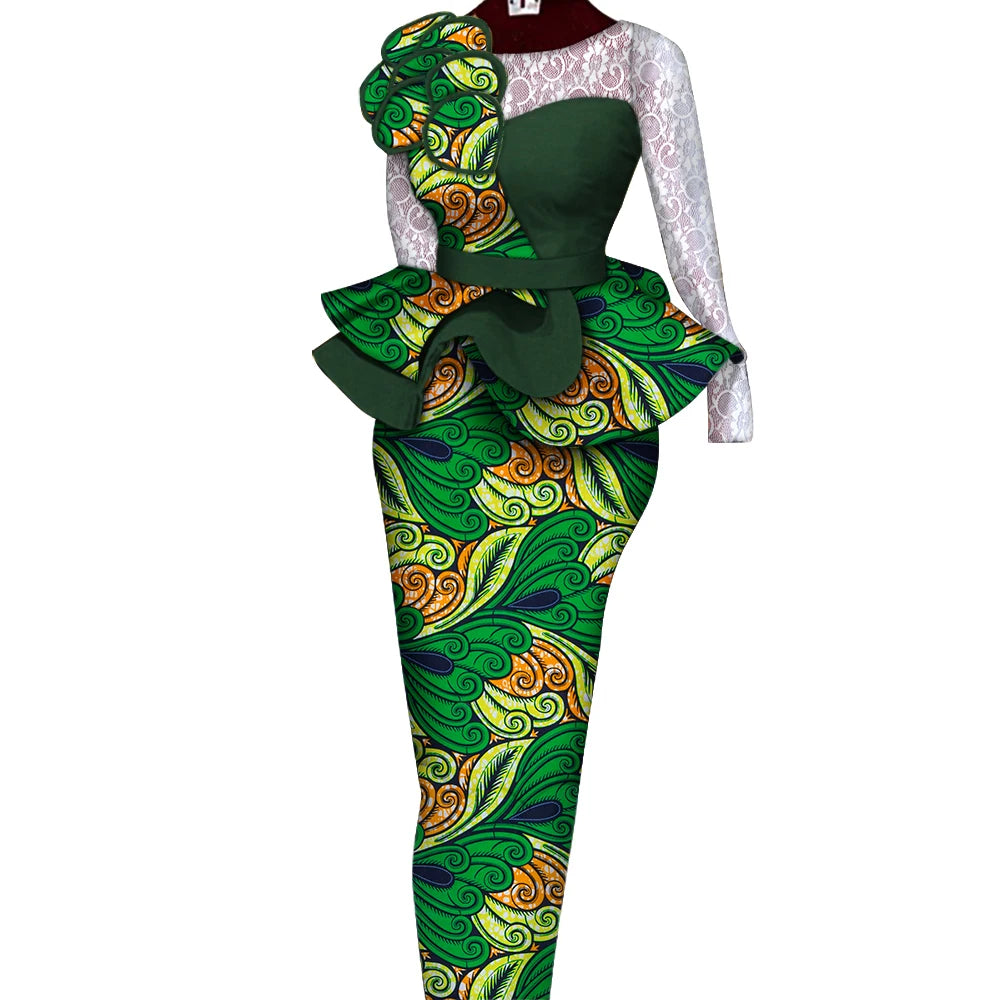 African Skirt Sets Women Suit Long Straight Skirts and Tops with Lace Decoration Bazin Riche Traditional African Clothing WY6195