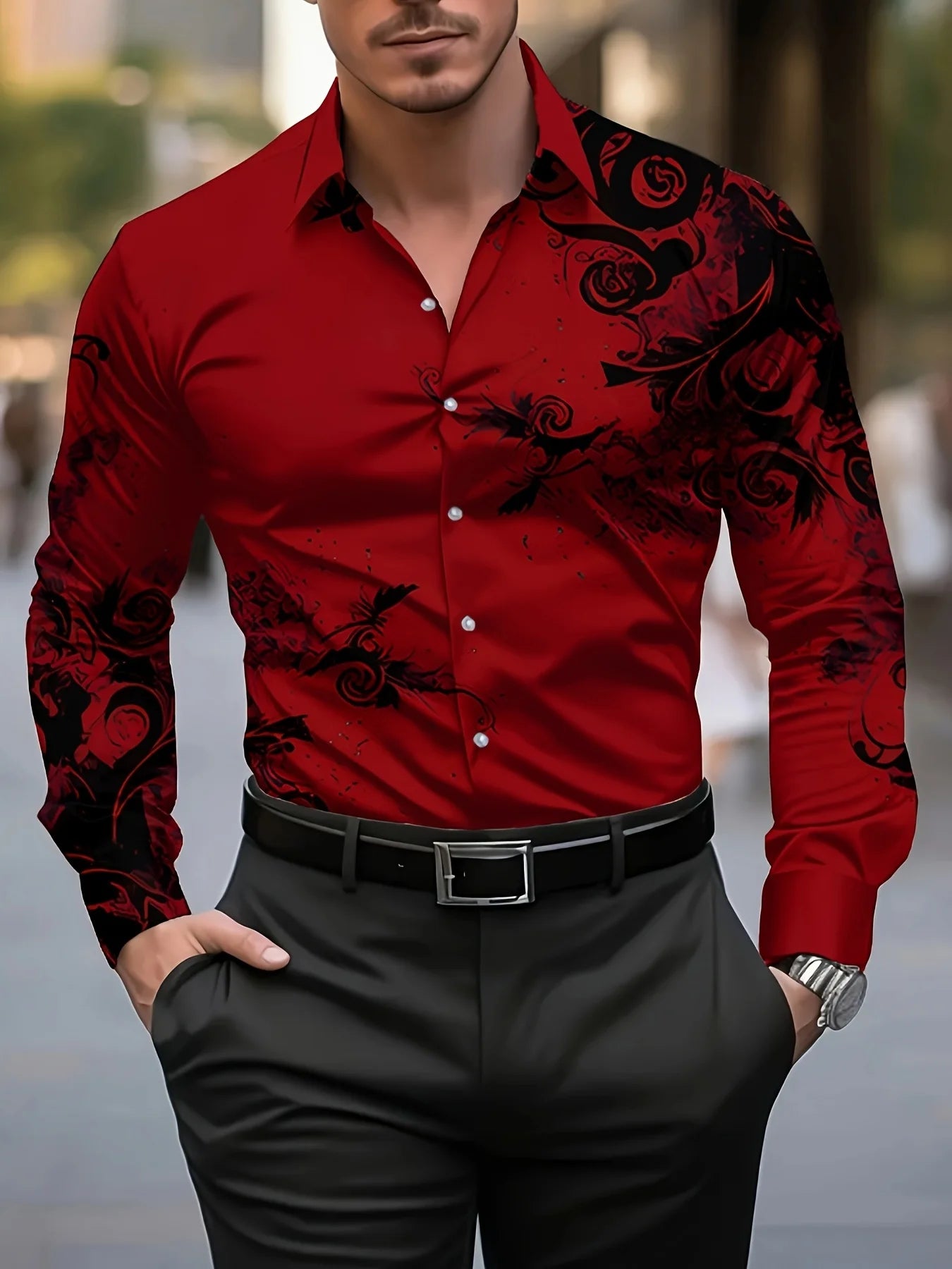 Men'S Stylish Red Floral Print Dress Shirt - Casual Long Sleeve Button-Up Design Spring Fashion Shirt Floral Print Shirt