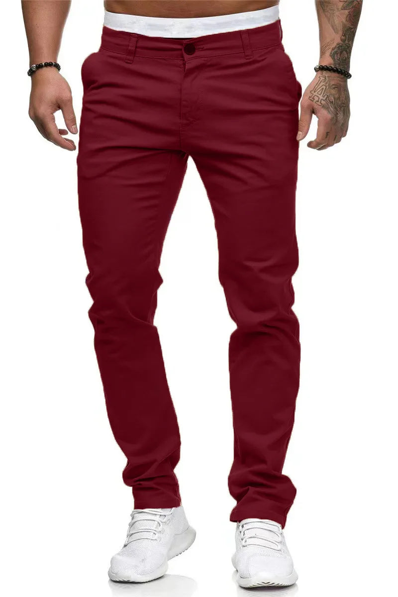 Men's Solid-color Slim-fit Pants with Front Pockets and Zippers for Business Casual Wear with Tapered Bottom Pants Men