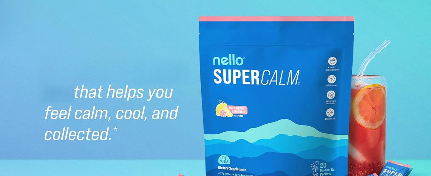 Nello Supercalm Powdered Mix, Raspberry Lemonade, L Theanine, Ksm-66 Ashwagandha, Magnesium Glycinate, Vitamin D 3, Supple