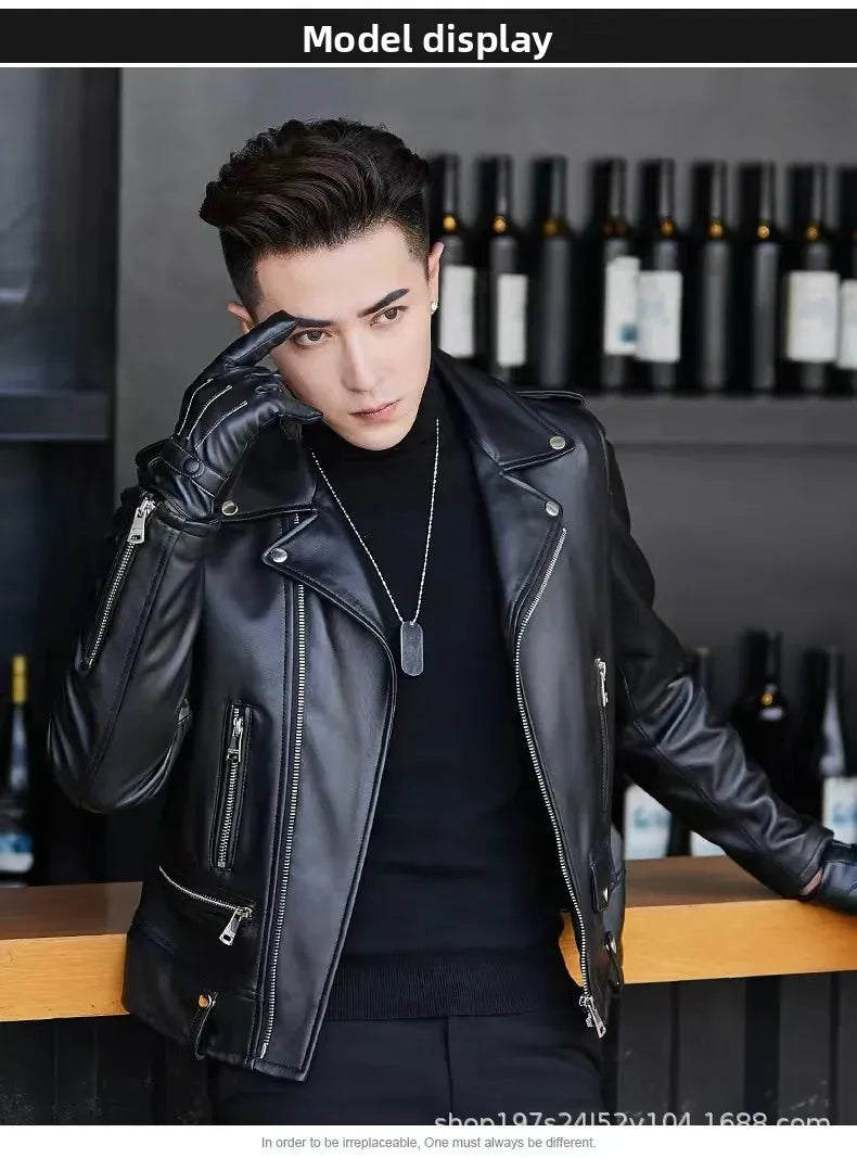 Men's Slim Fit PU Leather Jacket Fashionable Motorcycle Style Spring Autumn Korean Version Casual Outerwear Male Biker Coat