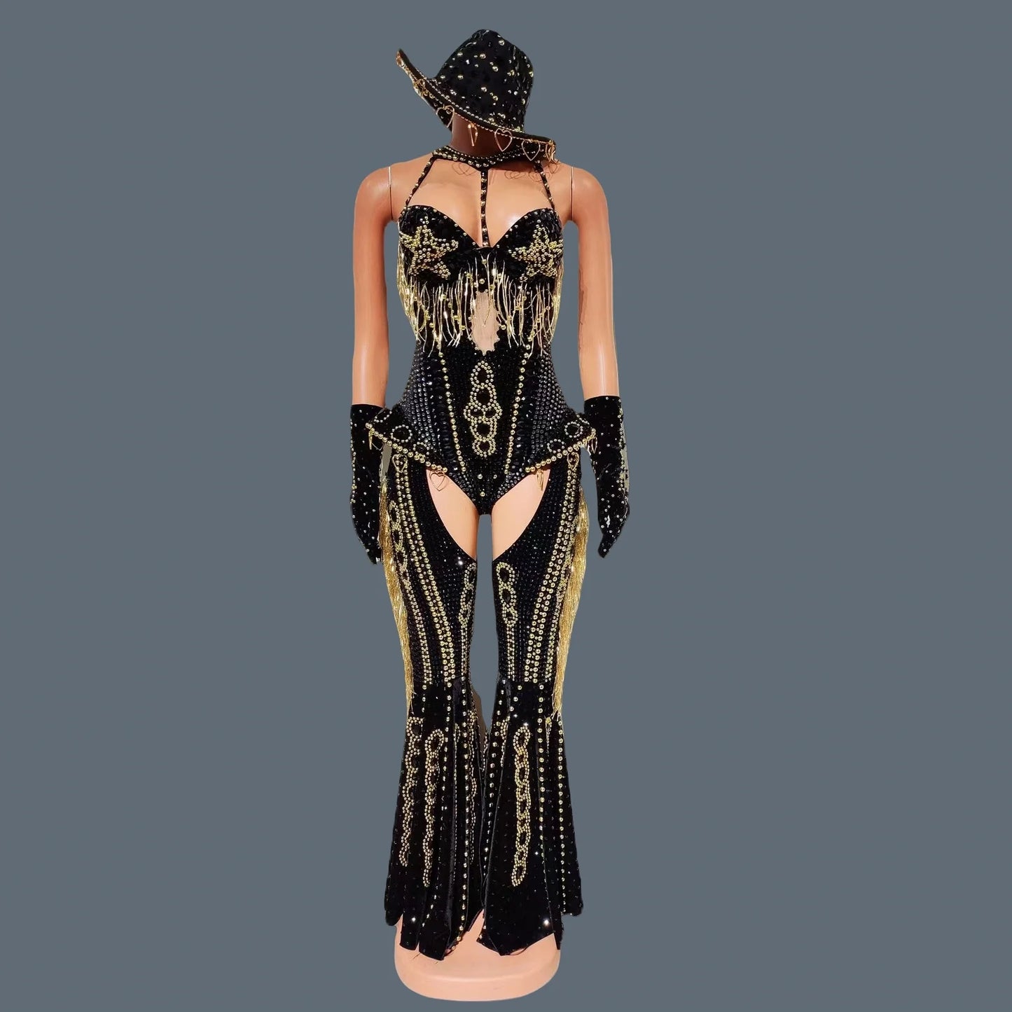 Women Sparkly Rhinestone Bodysuit 4Pieces Set Night Party Cowboy Show Outfit Cabaret Carnival Showgirl Sexy Jumpsuit Hongding