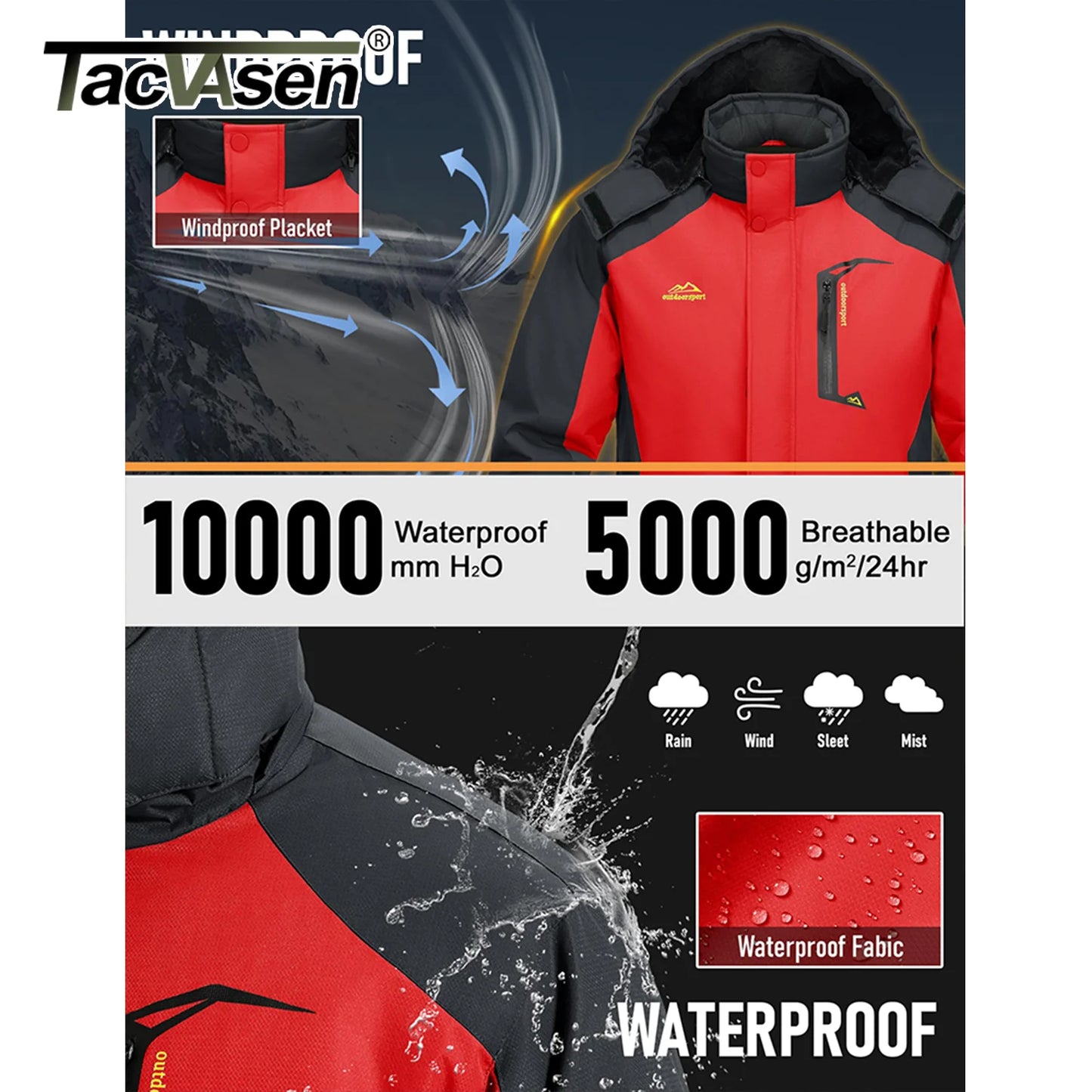 TACVASEN Winter Thicken Coats Mens Ski Snow Jacket Waterproof Fleece Insulated Jackets Outdoor Snowboard Warm Parka Raincoat