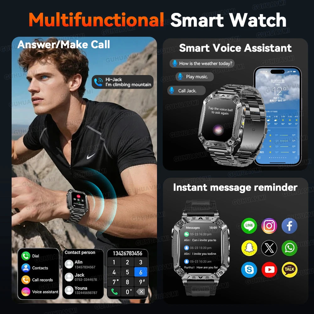 2026 Outdoors Durable Men Sports Smart Watch 1400mAh Battery LED Flashlight IP69K Waterproof Bluetooth Call Military Smartwatchs