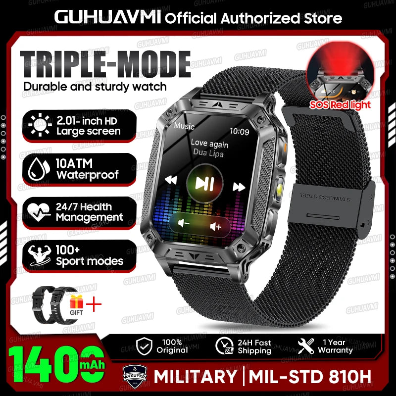 2026 Outdoors Durable Men Sports Smart Watch 1400mAh Battery LED Flashlight IP69K Waterproof Bluetooth Call Military Smartwatchs