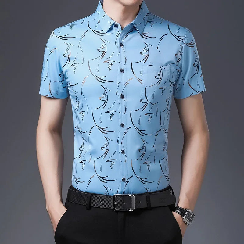 New Men's Casual Printed Short Sleeved Lapel Shirt for Summer Fashion Comfort No Ironing Wrinkle Resistant Top