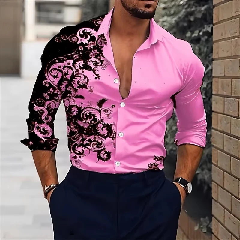 Men'S Stylish Red Floral Print Dress Shirt - Casual Long Sleeve Button-Up Design Spring Fashion Shirt Floral Print Shirt