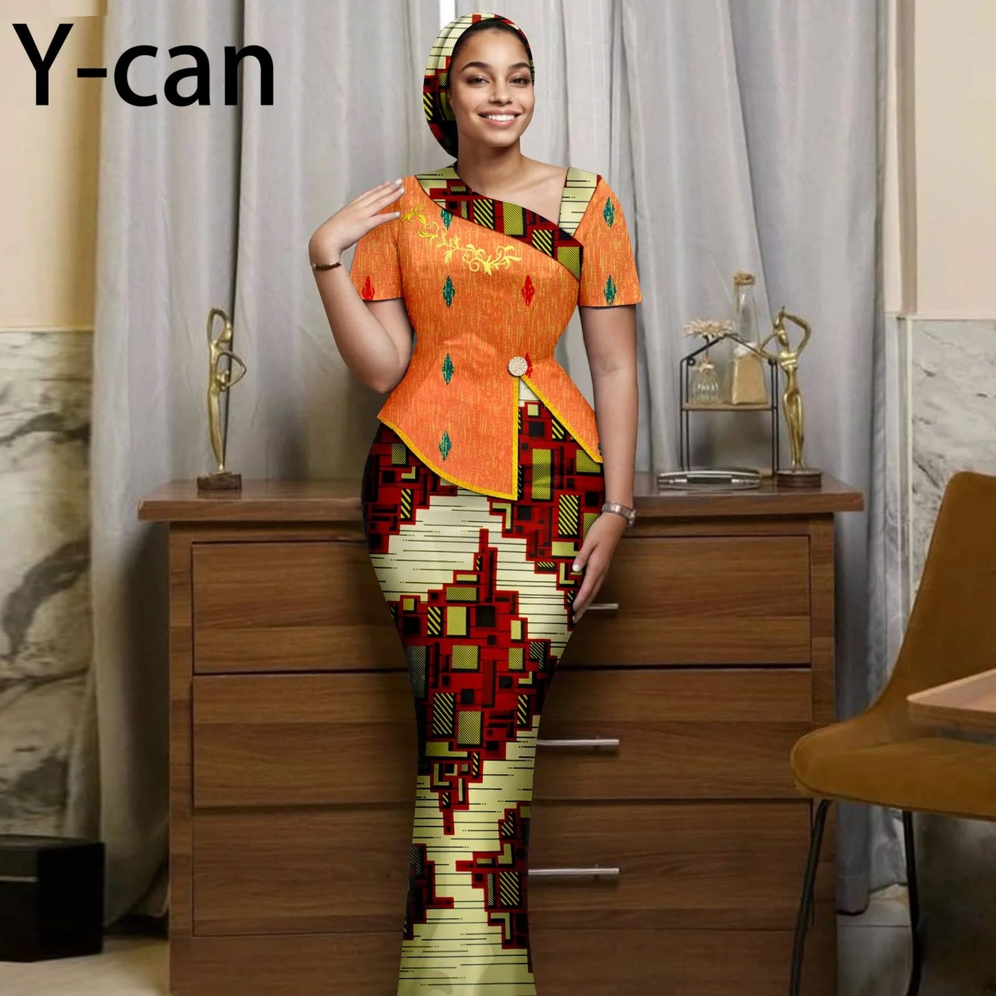 African Women Skirt Set Luxury Gown Short Sleeve Slit Top and Slim Skirt Vestidos with Headwrap Wedding Dress 2526056
