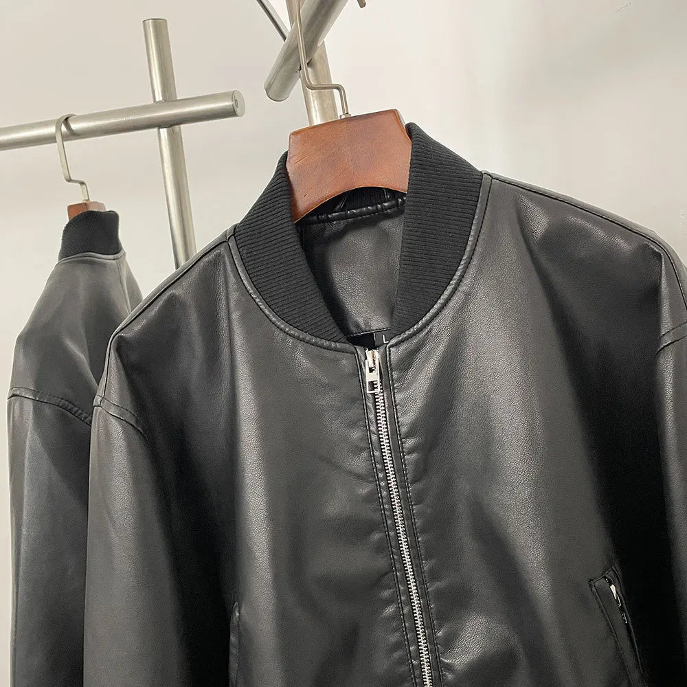 Autumn and winter new leather solid color short coat retro style short zipper cardigan casual all match leather jacket female