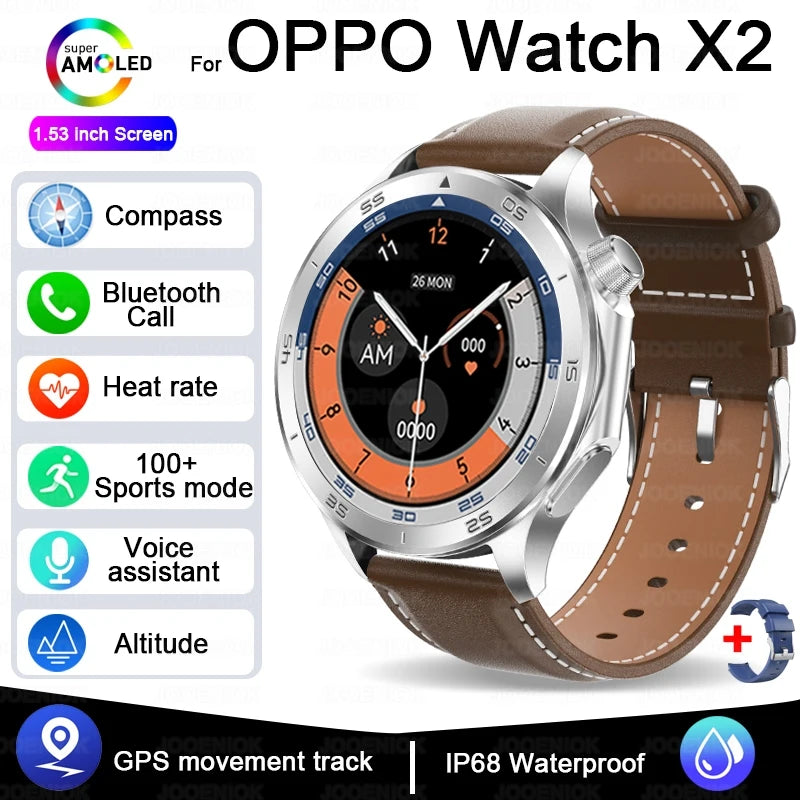 2025 New OPPO X2 Smart Watch Men's GPS Sports IP68 Waterproof Compass Heart Rate Blood Oxygen Bluetooth Call Smartwatches IOS