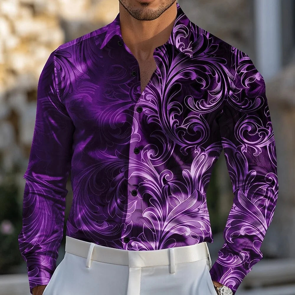 Men's New Floral Print Ombre Shirt Formal Shirt Long Sleeve Retro Holiday Wear Summer Spring Autumn Lapel 3D Printed Button-Down
