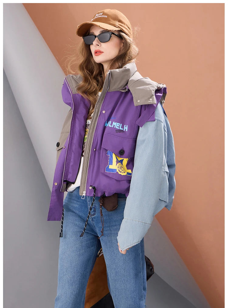 Women Short Puffer Jacket Hooded Thick Warm Winter Coat Color Block Denim Sleeve Streetwear Oversized Fashion Down Outerwear