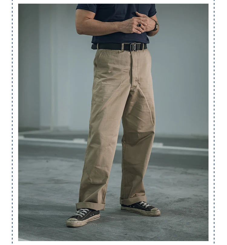 Qingtian Twill Chino Pants Vintage Workwear Men's Amekaji Khaki Trousers Loose Straight Leg