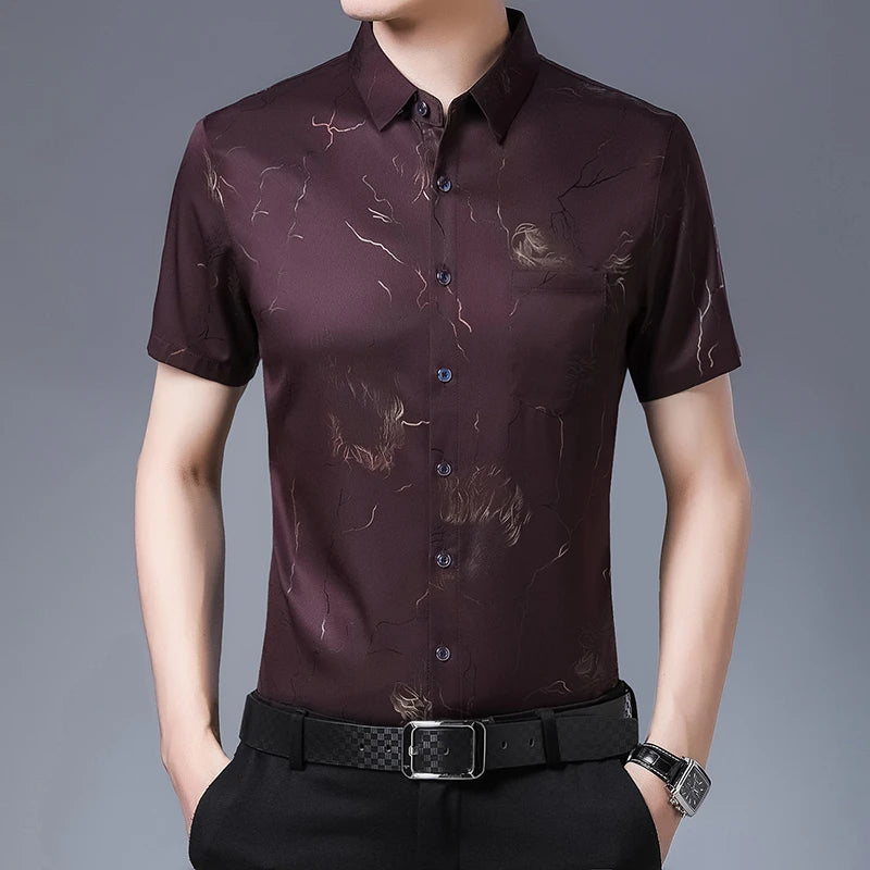 New Men's Casual Printed Short Sleeved Lapel Shirt for Summer Fashion Comfort No Ironing Wrinkle Resistant Top
