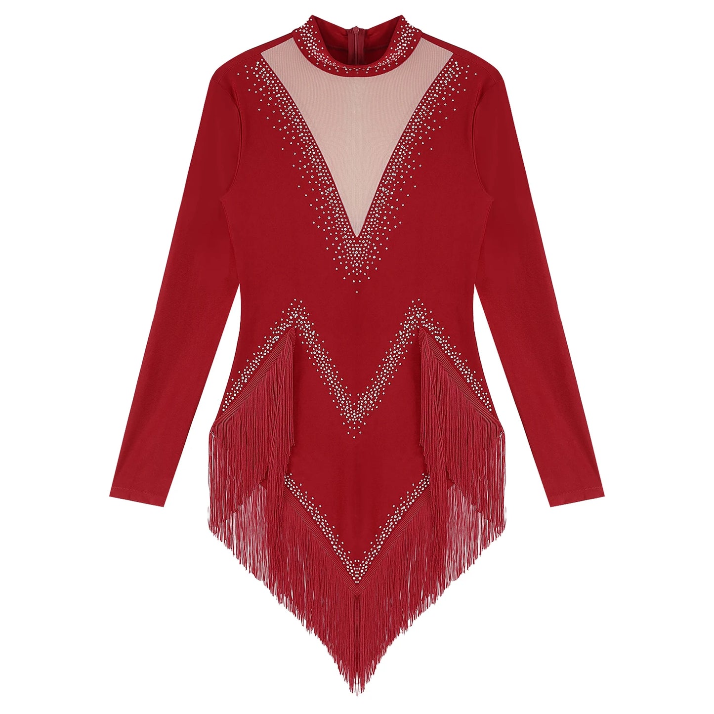 Womens Tassel Latin Tango Samba Dance Dresses Stage Performance Costume Long Sleeve Irregular Hem Shiny Rhinestones Dance Dress